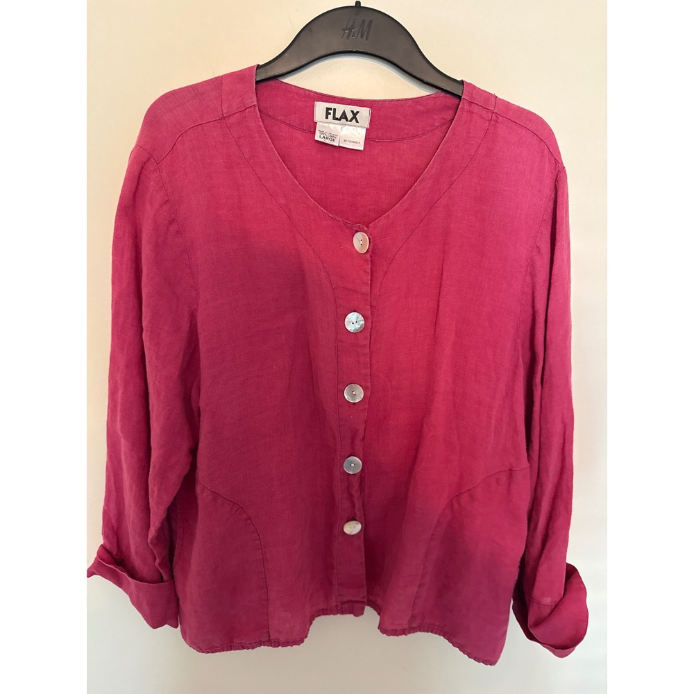 FLAX 100% Linen Button Down Shirt Magenta Pink Lagenlook Large